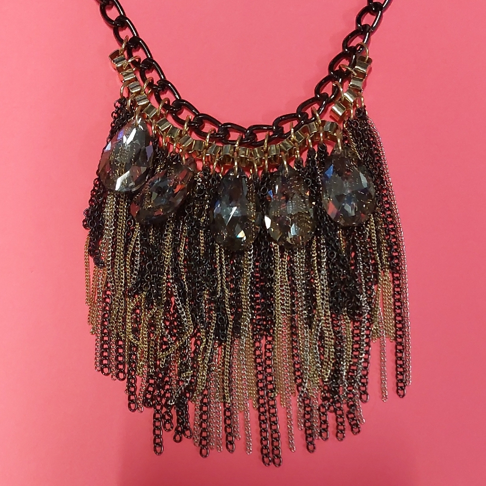 Boho Fringed Chain Black and Gold Statement Necklace